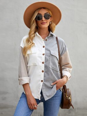 Color Block Stitching Autumn Shirt Women  Loose Long Sleeve Single Breasted Shirt