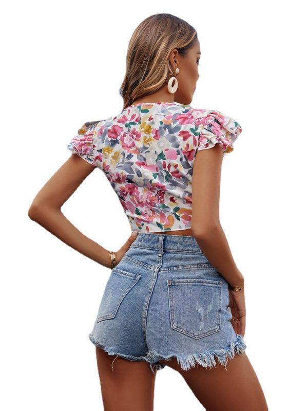 Summer Bow Floral Refreshing Lotus Leaf Small Shirt Top Women