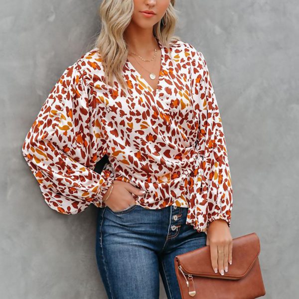 Spring Summer New  Long-Sleeved Casual Shirt Fashion Floral Print Lantern Sleeve Loose Women Top