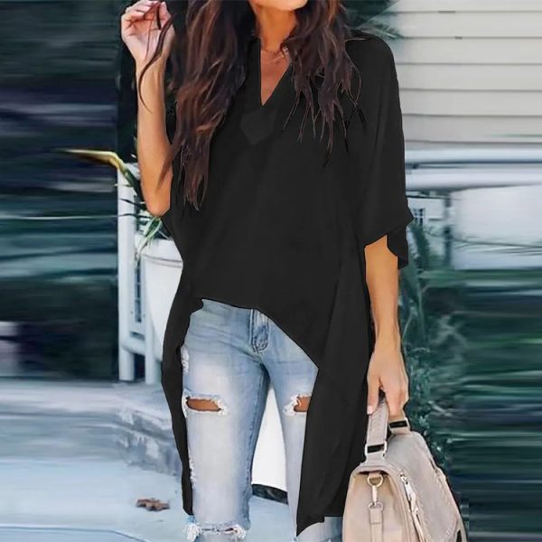 Summer Simplicity V-neck Loose Batwing Sleeve Top Front Short Back Long Irregular Asymmetric Shirt for Women