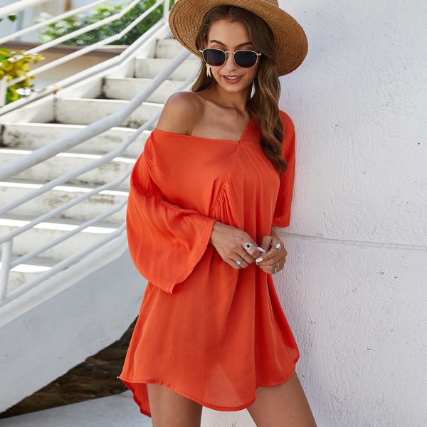 Spring Women Clothing Solid Color V neck Casual Loose Sexy Three Quarter Sleeve Women Top T shirt