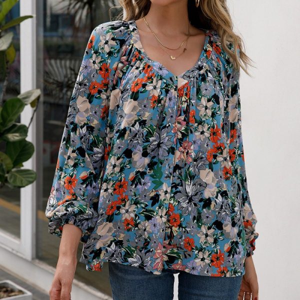 Loose Casual Floral Long Sleeved V neck Shirt Estampado Floral  Shirt Top for Women