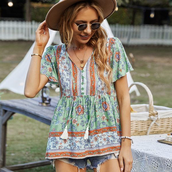 Bohemian Women Wear T-shirt Spring Summer Casual Vacation Babydoll Top