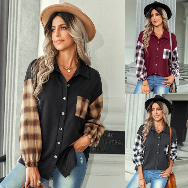 Women Clothing Autumn Winter Plaid Patchwork Top Women Polo Collar Loose Shirt