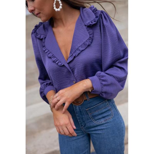 Spring Summer Solid Color Ruffles Suit Collared Single Breasted Loose Casual Shirt Women