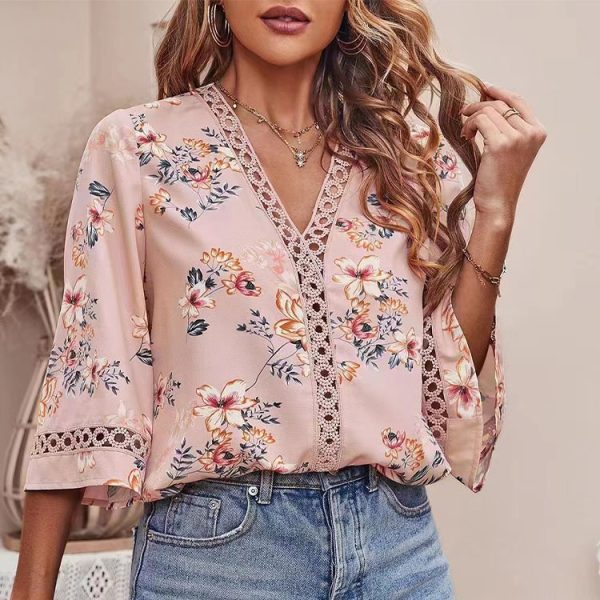 Southeast Asia Summer Loose V neck Office Bell Sleeve Lace Blouse Women Shirt