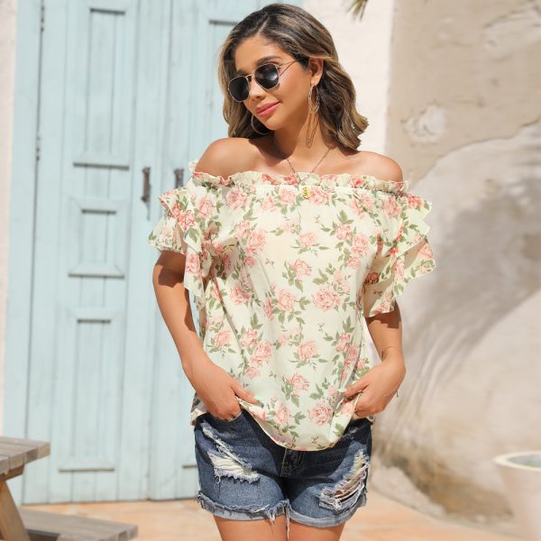 Summer -Selling Arrival off-Shoulder Printed Pleated off-Shoulder Women Top T-shirt