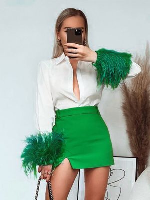 Spring Fashion Slim Fit Workplace Ostrich Feather Long Sleeve Women White Shirt Top