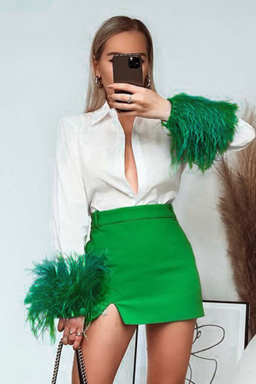 Spring Fashion Slim Fit Workplace Ostrich Feather Long Sleeve Women White Shirt Top