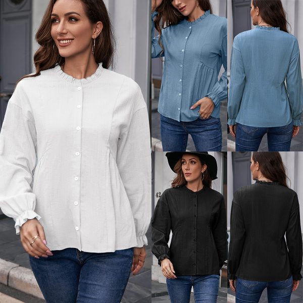 Office Slim Fit Ruffled Long Sleeve Stringy Selvedge Stand-up Collar Single-Breasted Shirt Pure Cotton Shirt Top for Women