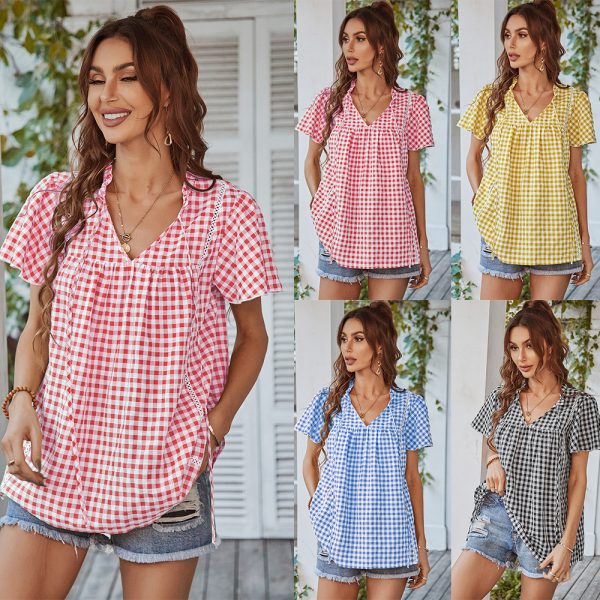 Plaid Top Spring Summer V-neck Girl Blouse Female