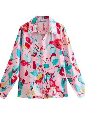 mmer Street Women Floral Print Satin Long Sleeve Shirt