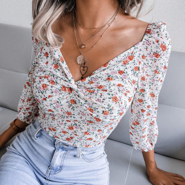 Autumn Winter Sexy V-neck Knotted Floral Chiffon Shirt Top Women Clothing