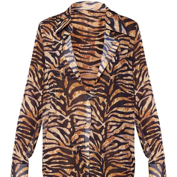 Printed Autumn Loose Printed Tiger Pattern Long Sleeve Shirt Drape Vacation Top Shirt for Women