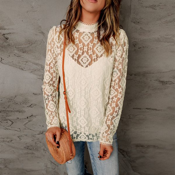 Lace Long Sleeved Top Women Summer Hollow Out Thin Faux Two Layer T shirt