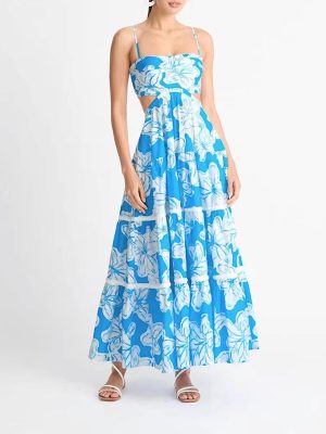 French Printed Cami Dress Spring Summer Sleeveless Cropped Outfit Backless Slimming Dress Maxi Dress Beach Dress