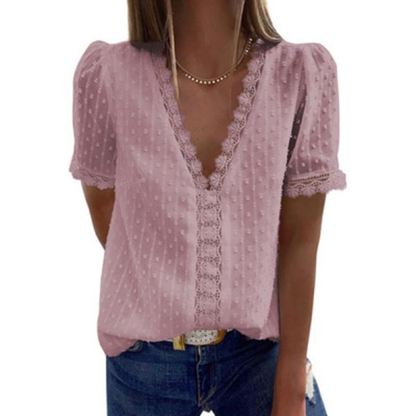 Deep V-neck Chiffon Shirt Embroidered Ruffled Short Sleeves Top Front Rear