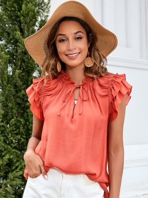 Summer Loose Solid Color Ruffle Sleeve Top V neck Women Clothing T shirt