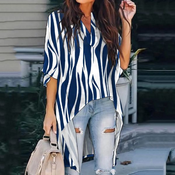 Summer Women Clothing Printed V-neck Batwing Sleeve Casual Irregular Asymmetric Shirt