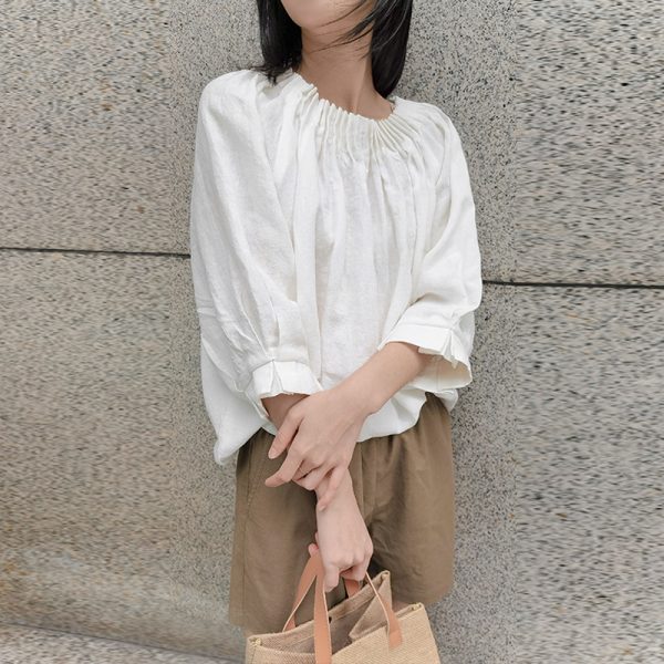 Linen Three Quarter Sleeve Shirt Top Early Autumn Japanese Loose Plus Size Organ Pleated Design Niche Cotton Linen T shirt