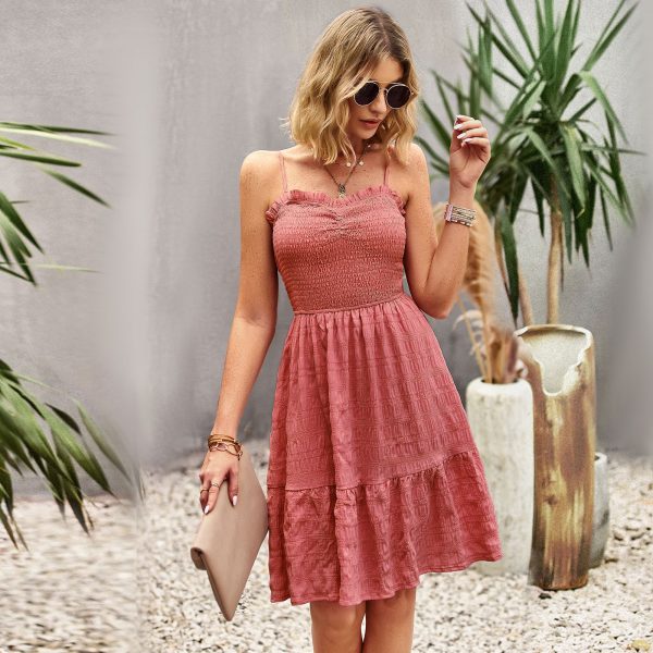 Women Dress Spring Summer Girl Solid Color Wide Hem Mid Length Dress Holiday