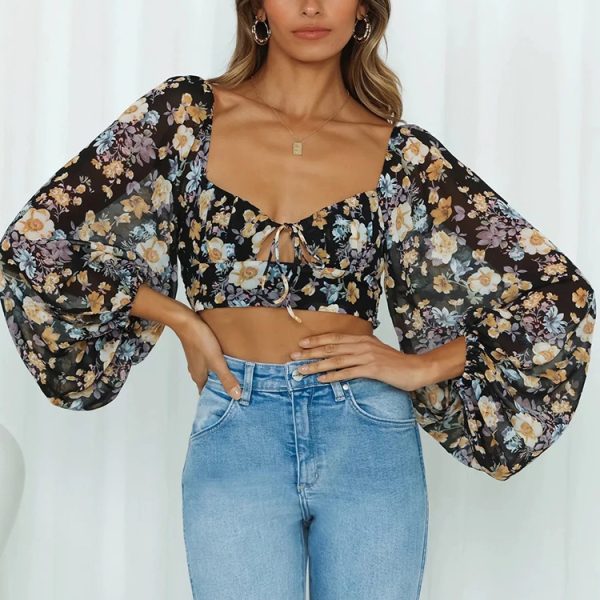 Spring Summer Pullover Square Collar Printed Sexy cropped Women Long-Sleeve Shirt