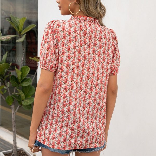 Small Floral Wooden Ear V Neck Short Sleeve Shirt  Puff Sleeve Printed Shirt Top Women