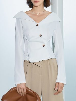 One Word Large Collared Slim Fit Short Shirt Women  Early Autumn White Button Top