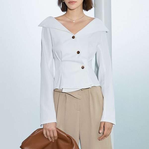 One Word Large Collared Slim Fit Short Shirt Women  Early Autumn White Button Top