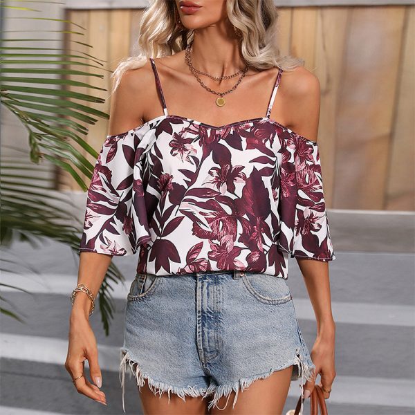 Summer Red with Spaghetti Straps Printed Bell Sleeve Short Top