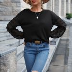 Autumn Winter Solid Color Top Women Black Lace Stitching Knitwear