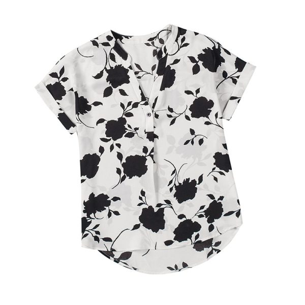 Dark Rose Printed Short Sleeved Shirt Women Summer Polo Collar