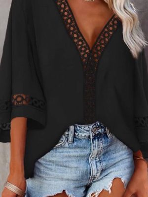 V-neck Hollow Out Cutout Lace Loose Shirt Women Clothing