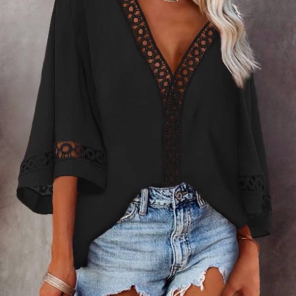 V-neck Hollow Out Cutout Lace Loose Shirt Women Clothing