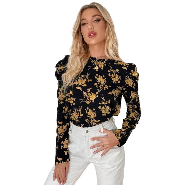 Autumn Winter Elegant Plant Floral Long Sleeve round Neck Top Women