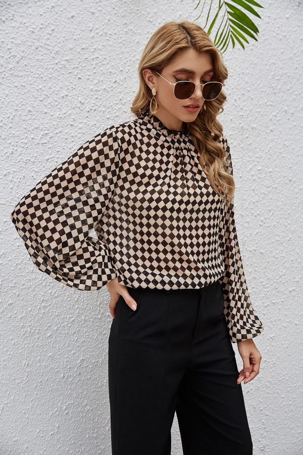 Sleeve Loose Chiffon Women T-shirt Square Plaid Spring Casual Small Shirt