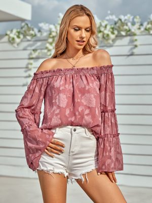 Women Clothing Casual Solid Color off Shoulder Long Sleeve Chiffon Blouses for Women