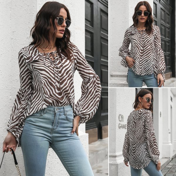 Casual Lantern Sleeve V-neck Lace-up Long-Sleeve Women Top Spring Summer Loose Mid-Length Chiffon Shirt