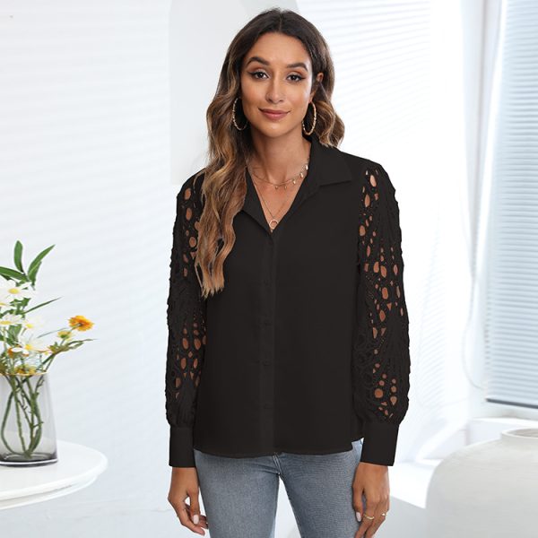 Spring Summer Women Solid Color Top Casual Lace Stitching Shirt