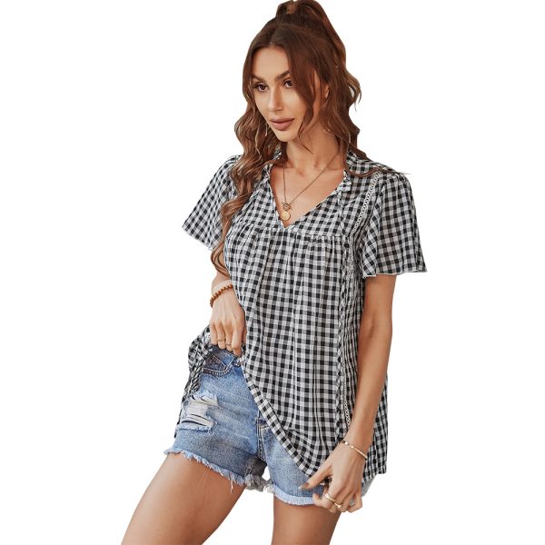 Plaid Top Spring Summer V-neck Girl Blouse Female