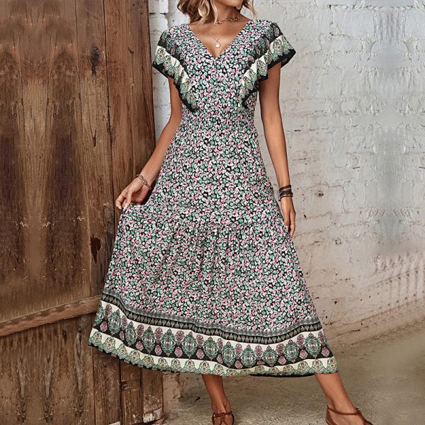 Women Clothing Ruffled V neck Printed Dress