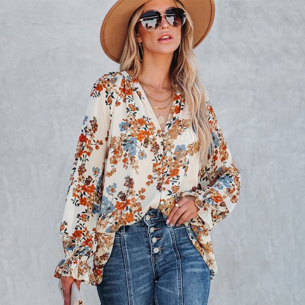 Black Wildflower Printed Chiffon Shirt Women Loose V neck Pullover Top