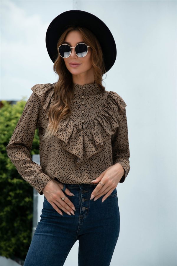 Spring Autumn Casual Polka Dot Ruffled Button Shirt