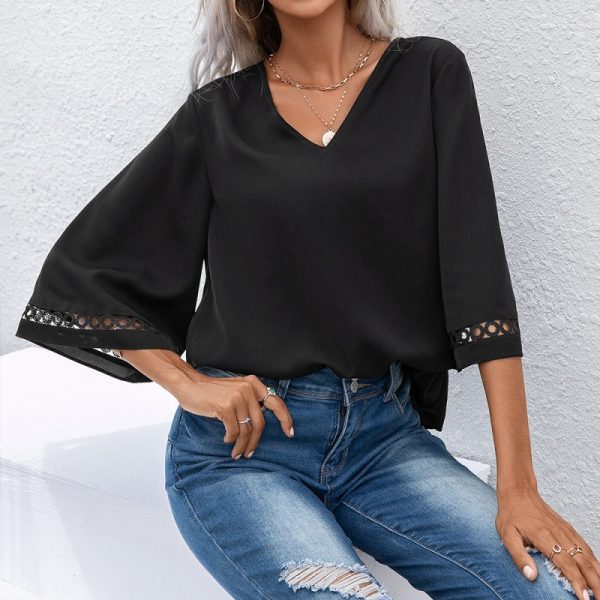 V Neck Pullover Lace Stitching Half Sleeve Shirt Office Hollow Out Cutout Shirt Top Women