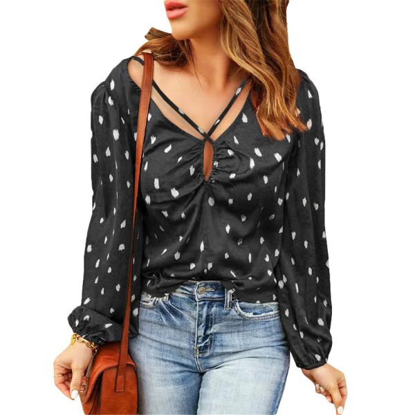 Printed Polka Dot Shirt Women Summer V-neck Criss Cross Drawstring Printed Puff Sleeve Top