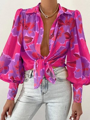 Summer Sexy Women Bubble Sleeve Collared Long Sleeve Top Printed Shirt