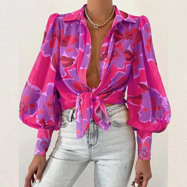 Summer Sexy Women Bubble Sleeve Collared Long Sleeve Top Printed Shirt