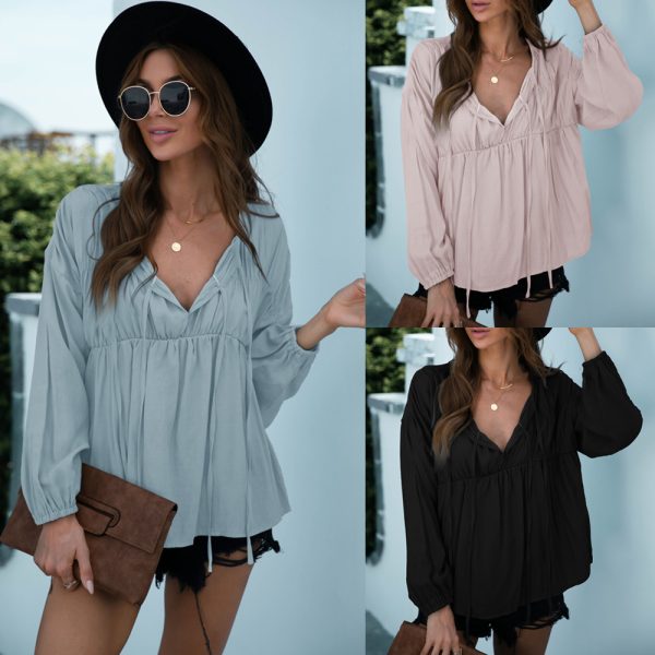 Summer Solid Color V-neck Lace-up Pleated Top