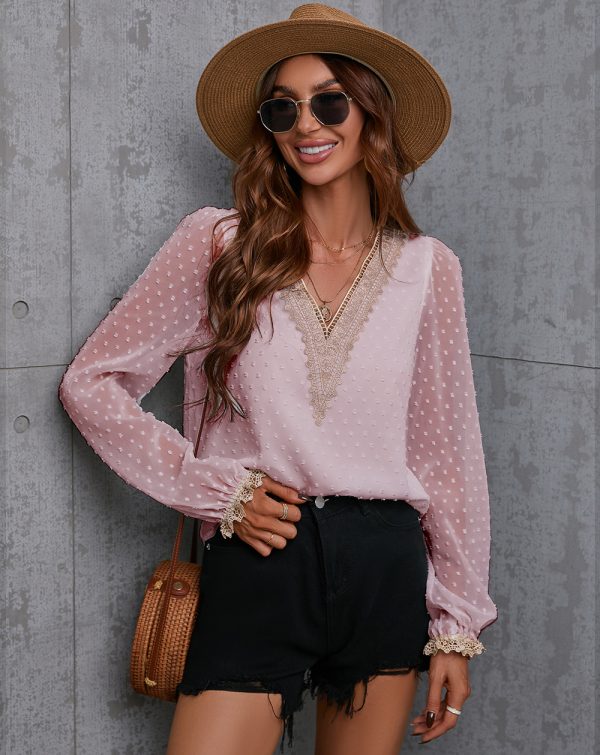 Women Clothing Autumn Chiffon Solid Color Stitching Lace Long Sleeve Shirt Office Top