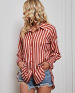 Women Tops Autumn Winter Striped Collared Long Sleeve Casual Loose Shirt